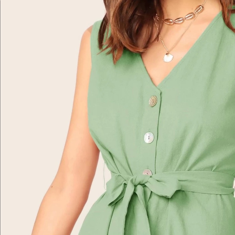 Plain Mint Green Button Front Belted Sleeveless D… - image 6
